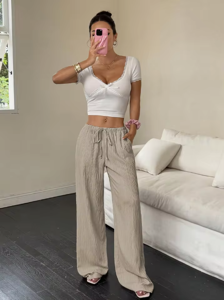 Pantalones Palazzo de Mujer Color Caqui con Cintura Alta y Corte Recto