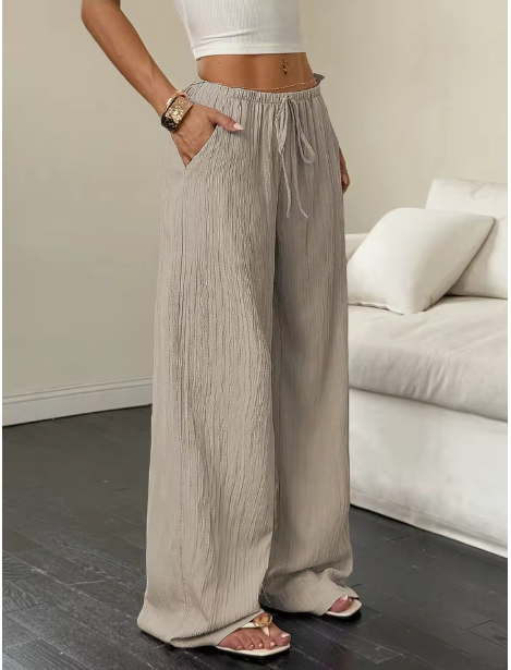 Pantalones Palazzo de Mujer Color Caqui con Cintura Alta y Corte Recto