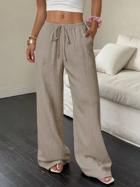 Pantalones Palazzo de Mujer Color Caqui con Cintura Alta y Corte Recto