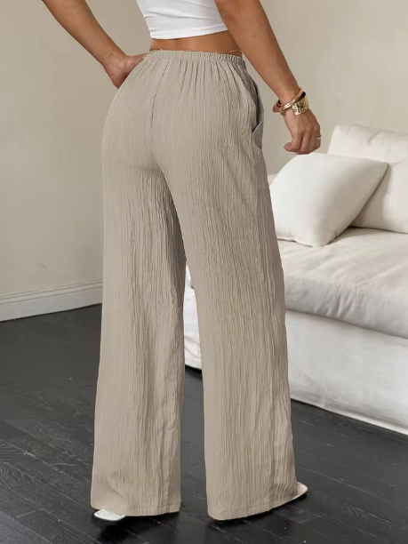 Pantalones Palazzo de Mujer Color Caqui con Cintura Alta y Corte Recto